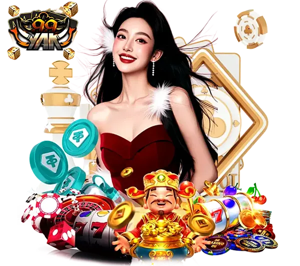 YAK999 ภาพผู้หญิงชุดแดงล้อมรอบด้วยชิป เหรียญทอง และสัญลักษณ์เกมหลากหลาย สไตล์สล็อตคาสิโนออนไลน์โทนทองดำ