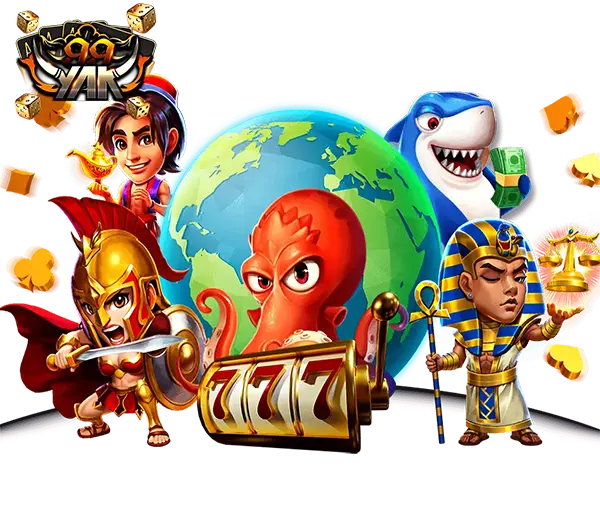 YAK999 ภาพตัวละครแฟนตาซีหลากหลายรอบลูกโลกและหีบสมบัติ พร้อมเหรียญทองกระจาย สไตล์สล็อตคาสิโนออนไลน์แนวผจญภัย