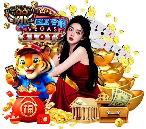 YAK999 ภาพผู้หญิงล้อมรอบด้วยเหรียญทอง ตัวการ์ตูนเสือนำโชค และสัญลักษณ์เกมหลากหลาย โทนทองดำสไตล์สล็อตคาสิโนออนไลน์
