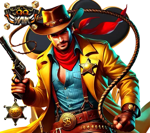 YAK999 ภาพตัวละครคาวบอยสวมหมวกและเสื้อคลุมสีทอง ถือปืนท่าทางดุดัน สไตล์สล็อตคาสิโนออนไลน์แนวผจญภัย