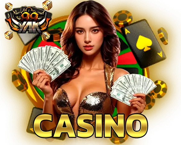 YAK999 ภาพหมวดคาสิโน ผู้หญิงถือพัดไพ่ล้อมรอบด้วยสัญลักษณ์ไพ่และเหรียญทอง พร้อมตัวอักษร CASINO สีทองเด่น สไตล์เว็บคาสิโนออนไลน์