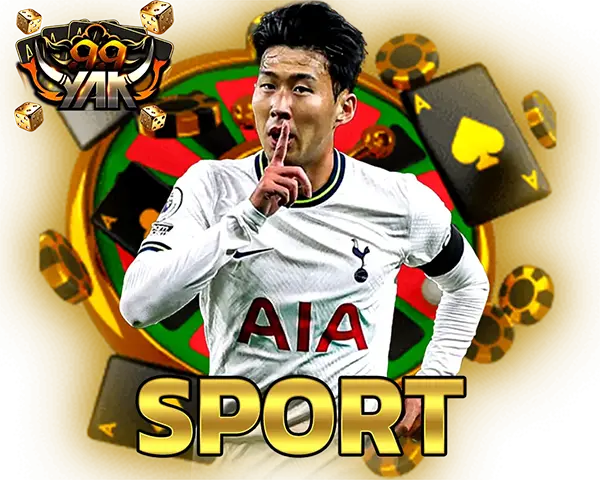 YAK999 ภาพหมวดกีฬา นักฟุตบอลสวมเสื้อสีขาวพร้อมตัวอักษร SPORT สีทองเด่น โทนดำทองสไตล์เว็บเดิมพันออนไลน์